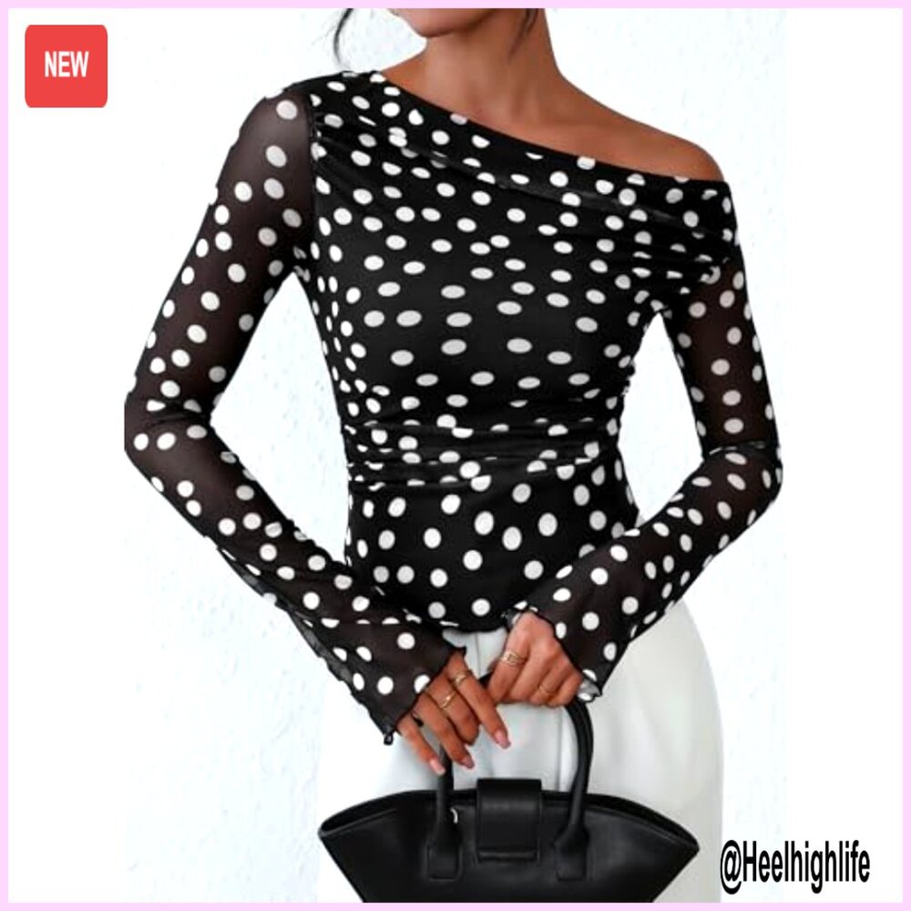 Off Shoulder Mesh Blouse Asymmetrical Ruched Long Sleeve Slim Fit Top - Picture 2 of 7